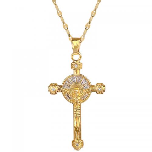 Titanium Stål Halskæde, med Messing, med 2inch extender kæde, Krucifiks Cross, guldfarve belagt, for kvinde & med rhinestone, Længde Ca. 15.7 inch, Solgt af PC