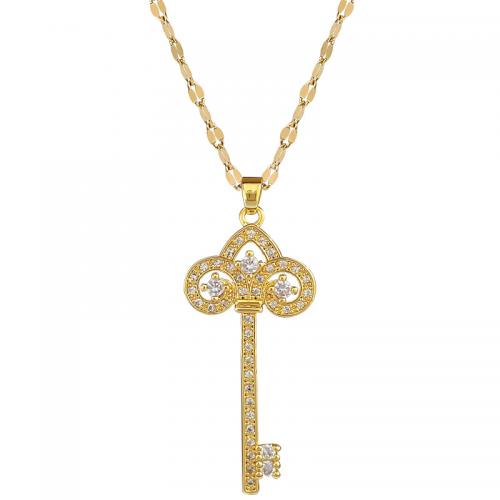 Titanstahl Halskette, mit Messing, mit Verlängerungskettchen von 2inch, Schlüssel, goldfarben plattiert, für Frau & mit Strass & hohl, Länge:ca. 15.7 ZollInch, verkauft von PC