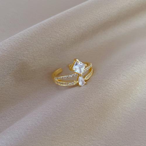 Латунь Манжеты палец кольцо, Корона, плакированный настоящим золотом, Женский & со стразами & отверстие, размер:8, продается PC