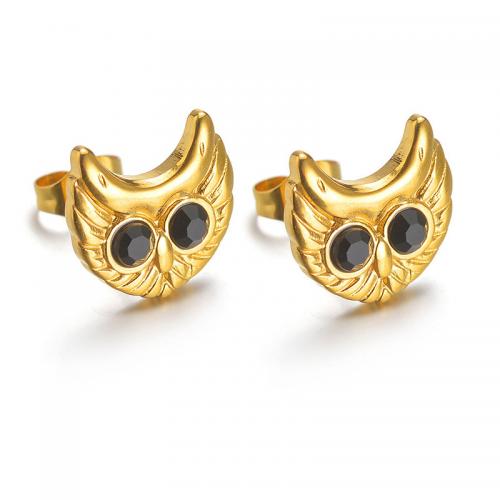 Stainless Steel Stud Earrings 304 Stainless Steel Owl Vacuum Ion Plating fashion jewelry & for woman & with rhinestone golden Sold By Pair