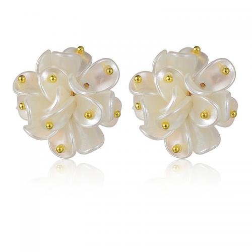 Stainless Steel Stud Earrings, 304 Stainless Steel, with Resin, Flower, Vacuum Ion Plating, fashion jewelry & for woman, white, 30mm, Sold By Pair