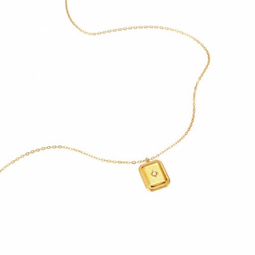 Titanium Steel Necklace, with 5cm extender chain, Rectangle, Vacuum Ion Plating, fashion jewelry & for woman & with rhinestone, golden, nickel, lead & cadmium free, 11x14mm, Length:Approx 44 cm, Sold By PC