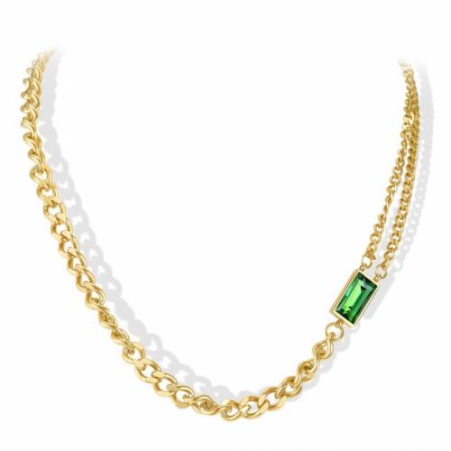 Titanium Steel Necklace, with Cubic Zirconia, with 5cm extender chain, Vacuum Ion Plating, Double Layer & fashion jewelry & for woman, green, nickel, lead & cadmium free, 3mm, Length:Approx 46 cm, Sold By PC