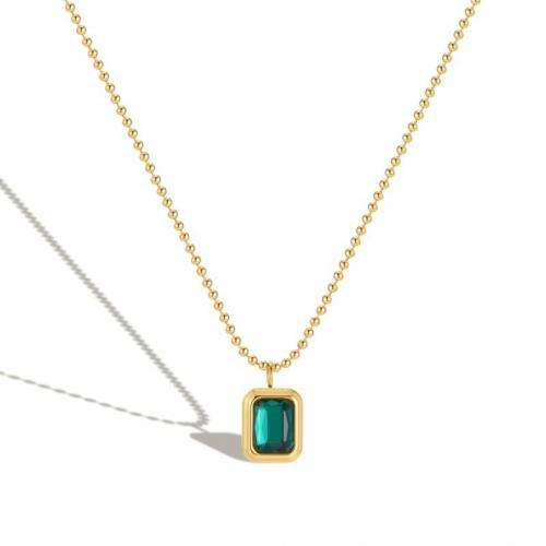 Titanová ocel náhrdelník, Titanium ocel, s Cubic Zirconia, s 5cm extender řetězce, Obdélník, módní šperky & pro ženy, zelený, nikl, olovo a kadmium zdarma, 9x11mm, Délka Cca 45 cm, Prodáno By PC