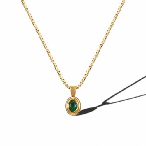 Titanium Steel Necklace with Cubic Zirconia with 5cm extender chain Flat Oval Vacuum Ion Plating fashion jewelry & for woman green nickel lead & cadmium free Length Approx 45 cm Sold By PC