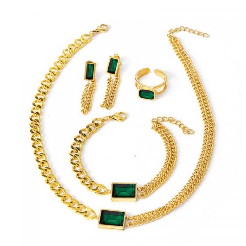 Jewelry Sets, finger ring & bracelet & earring & necklace, Titanium Steel, with 3.5cm,4cm extender chain, 4 pieces & for woman & with rhinestone, golden, Length:Approx 40 cm, Approx 18 cm, Sold By Set