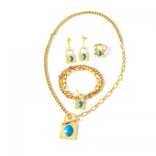 Jewelry Sets, finger ring & bracelet & earring & necklace, Titanium Steel, with turquoise, 4 pieces & fashion jewelry & for woman, golden, Length:Approx 49 cm, Approx 20 cm, Sold By Set