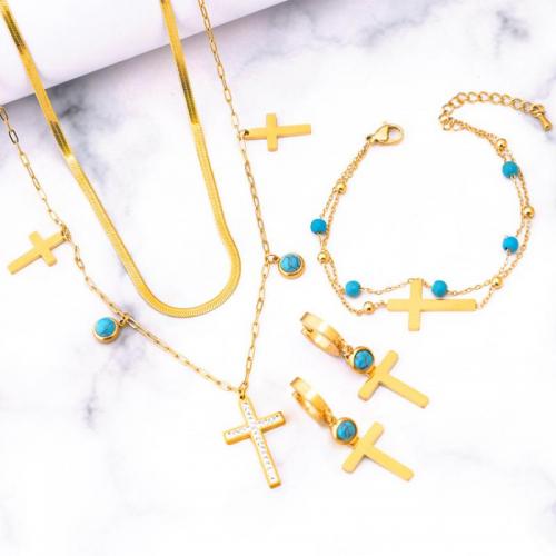Jewelry Sets, Titanium Steel, with turquoise, Cross, Double Layer & different styles for choice & for woman & with rhinestone, golden, Sold By PC
