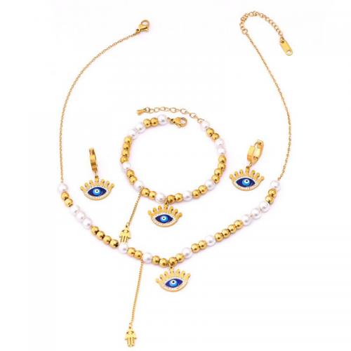 Evil Eye Jewelry Set Titanium Steel with Plastic Pearl & for woman & with rhinestone golden Sold By PC
