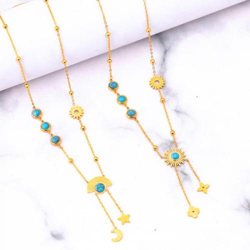 Titanium Steel Necklace with turquoise with 6cm extender chain fashion jewelry & for woman golden Length Approx 40 cm Sold By PC