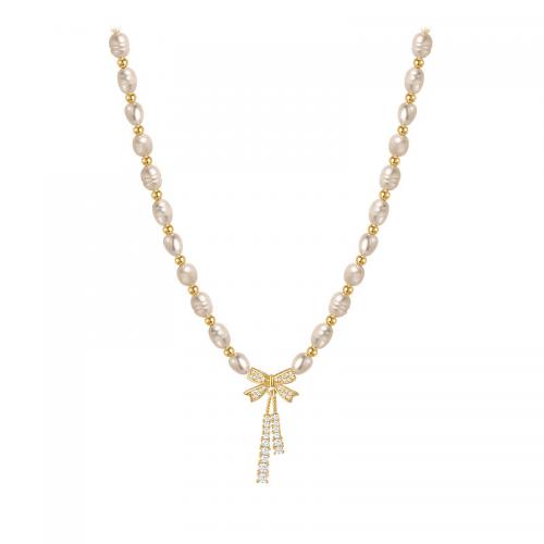 Natural Freshwater Pearl Necklace, with Brass, with 6cm extender chain, Bowknot, fashion jewelry & micro pave cubic zirconia & for woman, 35x11mm, Length:Approx 40 cm, Sold By PC
