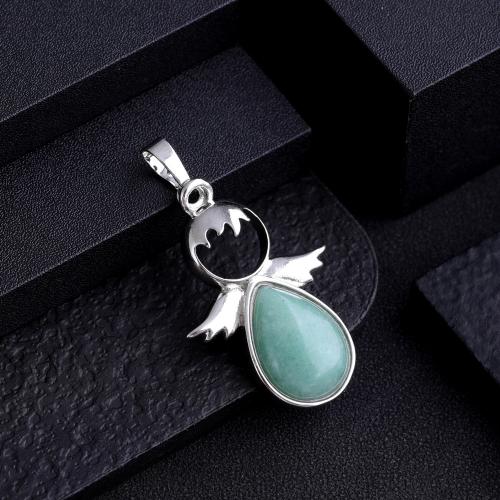 Gemstone Pendants Jewelry, Natural Stone, with Tibetan Style, Angel, silver color plated, DIY & different materials for choice, more colors for choice, 25x44mm, Sold By PC