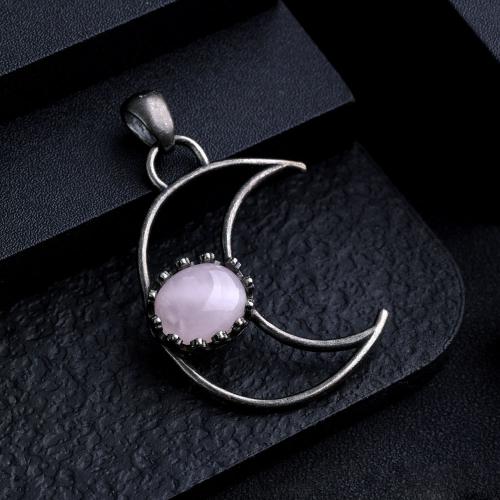 Gemstone Pendants Jewelry Natural Stone with Zinc Alloy Moon silver color plated DIY Sold By PC
