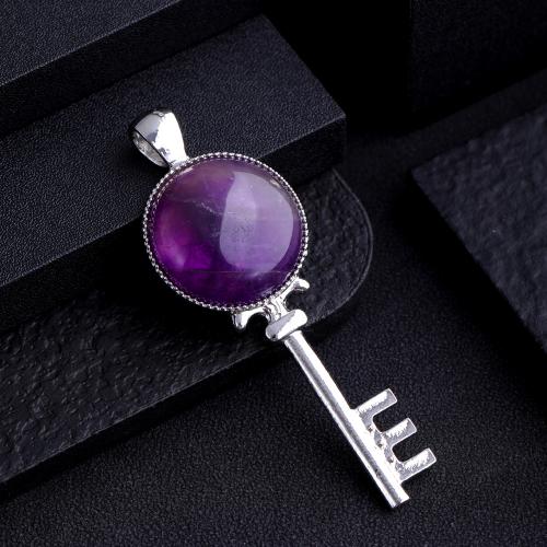 Gemstone Pendants Jewelry, Natural Stone, with Tibetan Style, Key, silver color plated, DIY & different materials for choice, more colors for choice, 22x62mm, Sold By PC