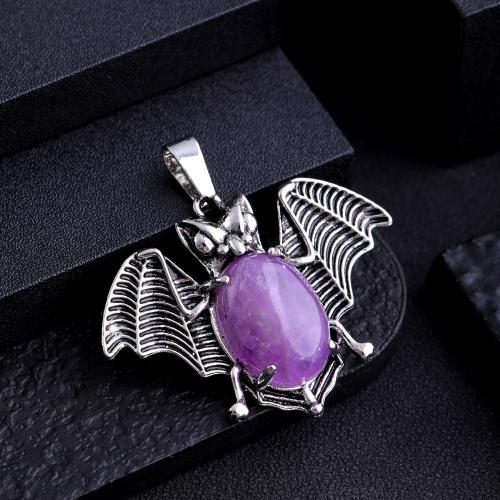 Gemstone Pendants Jewelry Natural Stone with Zinc Alloy Bat silver color plated DIY Sold By PC