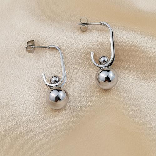 Stainless Steel Drop Earring, 304 Stainless Steel, Round, silver color plated, for woman, 10.50x30mm, Sold By Pair