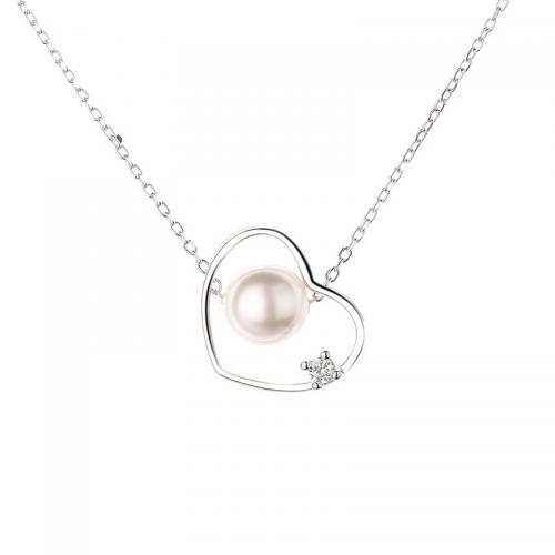 Cubic Zircon Micro Pave 925 Sterling Silver Necklace with Plastic Pearl with 5CM extender chain Heart plated micro pave cubic zirconia & for woman Length Approx 40 cm Sold By PC