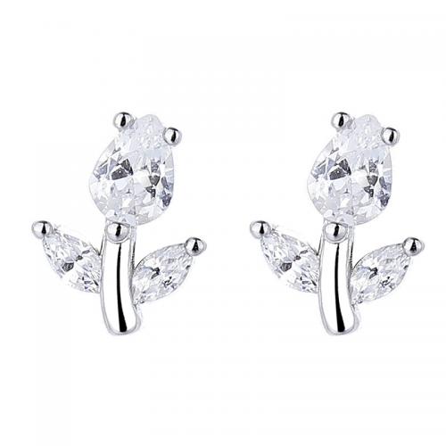 Cubic Zirconia Micro Pave Sterling Silver Earring, 925 Sterling Silver, Flower, plated, micro pave cubic zirconia & for woman, more colors for choice, 8.40x6.20mm, Sold By Pair