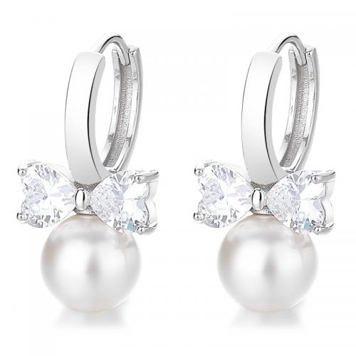 Cubic Zirconia Micro Pave Sterling Silver Earring 925 Sterling Silver with Plastic Pearl plated micro pave cubic zirconia & for woman Sold By Pair