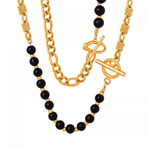 Титановые стали ожерелье, титан, с Черный агат, ювелирные изделия моды & разные стили для выбора & Женский, Золотой, продается PC