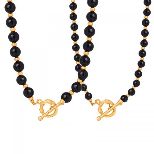 Титановые стали ожерелье, титан, с Черный агат, разный размер для выбора & разные стили для выбора & Женский, Золотой, продается PC