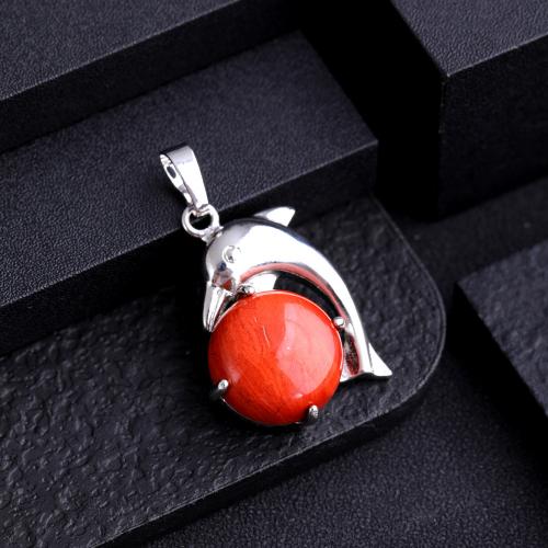 Gemstone Pendants Jewelry Natural Stone with Zinc Alloy Dolphin silver color plated DIY Sold By PC