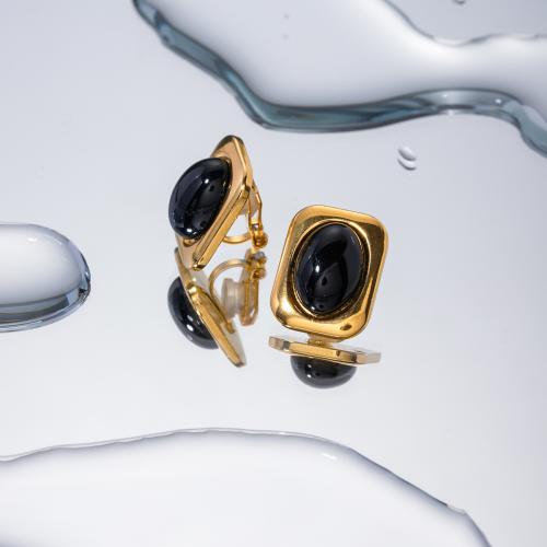 Boucle d'oreille de gaujon en acier inoxydable, Acier inoxydable 304, avec agate noire, Placage, bijoux de mode, doré, 14.70x18.80mm, Vendu par paire