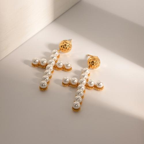 Edelstahl Tropfen Ohrring, 304 Edelstahl, mit ABS-Kunststoff-Perlen, Kreuz, plattiert, Modeschmuck, goldfarben, 22x42mm, verkauft von Paar