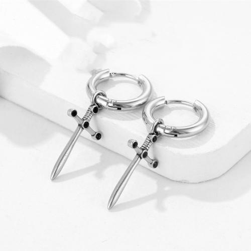 Titanium stål øreringe, Kryds, forgyldt, mode smykker, sølv, 15x35mm, Solgt af PC