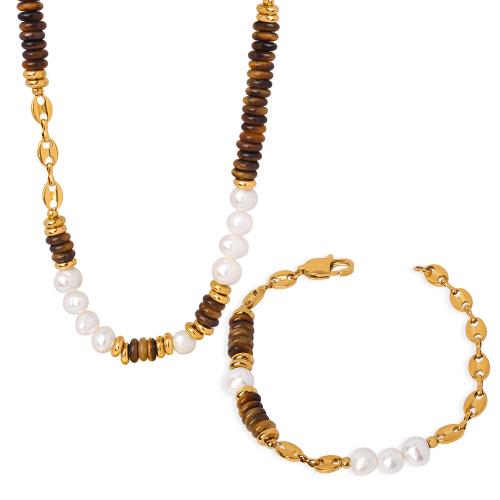 Jewelry Sets, Titanium Steel, with Tiger Eye & Freshwater Pearl, handmade, different styles for choice & for woman, golden, Sold By PC