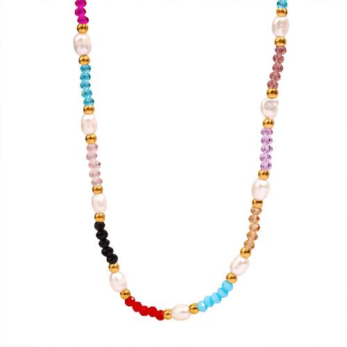 Titanstahl Halskette, mit Naturstein & Natürliche kultivierte Süßwasserperlen, mit Verlängerungskettchen von 8CM, handgemacht, für Frau, farbenfroh, Länge:ca. 43 cm, verkauft von PC