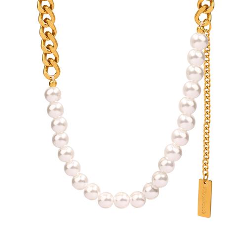 Collar de Acero Titanio, Partículas de acero, con Perlas plásticas, con 5CM extender cadena, chapado, para mujer, dorado, longitud:aproximado 40 cm, Vendido por UD