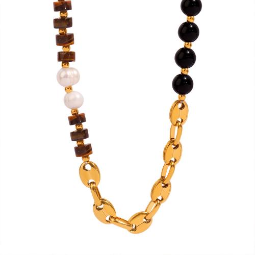 Titanium Steel Necklace, with Tiger Eye & Black Agate & Freshwater Pearl, with 5CM extender chain, handmade, for woman, golden, Length:Approx 40 cm, Sold By PC