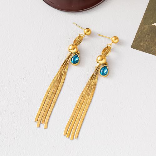 Titanium Steel Tassel Earring, gold color plated, different styles for choice & for woman & with rhinestone, Sold By Pair