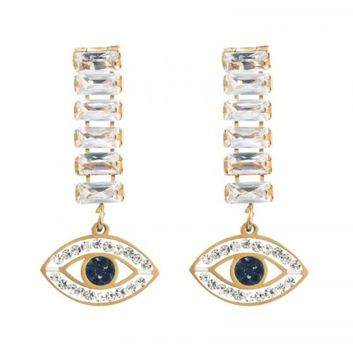Titanium Steel Drop Earring, Evil Eye, gold color plated, fashion jewelry & micro pave cubic zirconia & for woman, 15x30mm, Sold By Pair