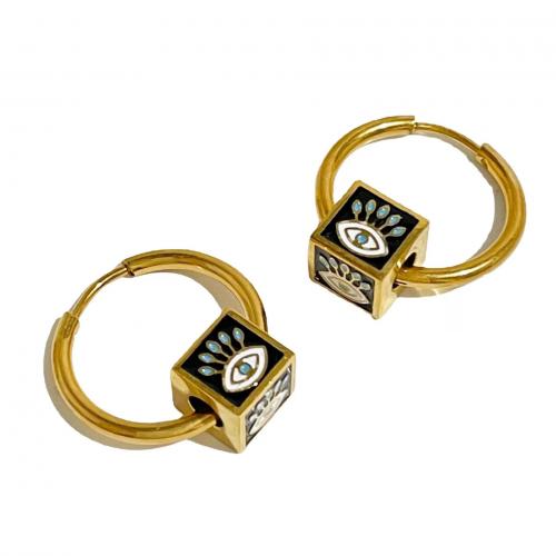 Titanium Steel Huggie Hoop Drop Earring Cube gold color plated evil eye pattern & for woman & enamel 20mm Sold By Pair