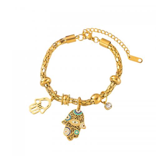 Acier titane bracelet, avec 2inch chaînes de rallonge, Main de Fatma, Placage de couleur d'or, pour femme & émail & avec strass & creux, Longueur:Environ 7.9 pouce, Vendu par PC