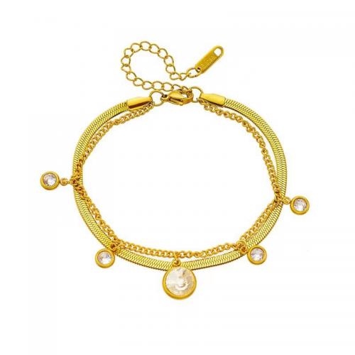 Titanstahl Armband, rund, goldfarben plattiert, Doppelschicht & Schlangekette & für Frau & mit Strass, Länge:ca. 7 ZollInch, verkauft von PC