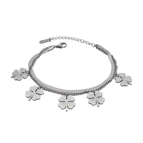 Titanium Steel Bracelet Four Leaf Clover plated Double Layer & snake chain & for woman Length Approx 7 Inch Sold By PC