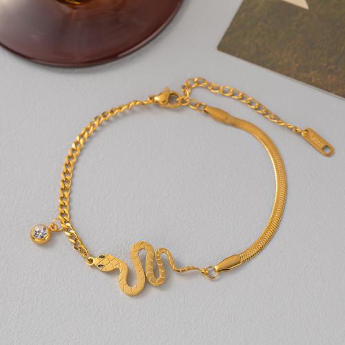 Titanium Čelik Narukvica, Zmija, zlatna boja pozlaćen, Zmija lanac & različitih stilova za izbor & za žene & s Rhinestone, Prodano By PC