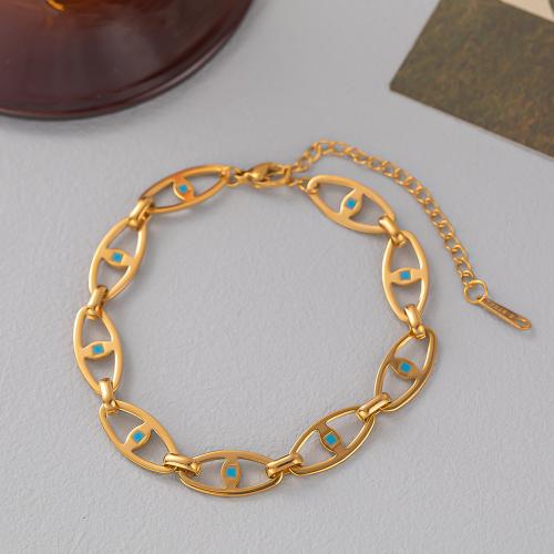 Partículas de aço pulseira, with 2inch extender chain, Mau-olhado, cromado de cor dourada, para mulher & esmalte & vazio, comprimento Aprox 7 inchaltura, vendido por PC