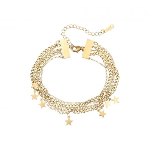 Partículas de aço pulseira, Estrela, cromado de cor dourada, multicamada & para mulher, comprimento Aprox 7 inchaltura, vendido por PC