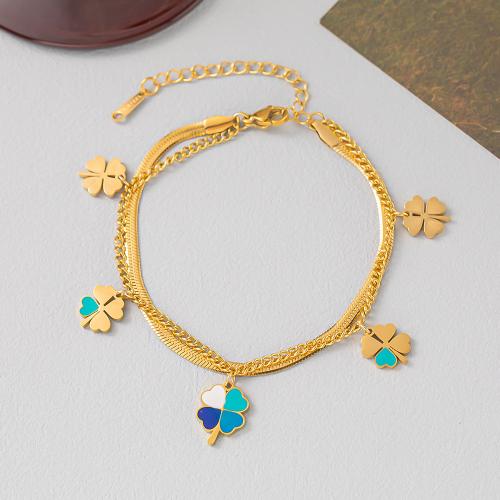 Titanium Steel Bracelet with 2inch extender chain Four Leaf Clover gold color plated Double Layer & snake chain & for woman & enamel Length Approx 7 Inch Sold By PC