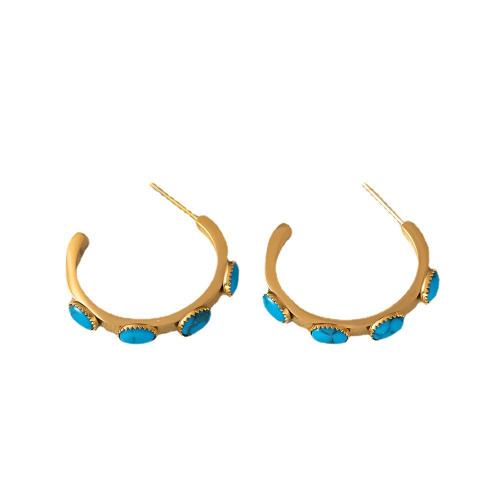 Acier titane boucle d oreille dormeuse, avec turquoise, Placage de couleur d'or, styles différents pour le choix & pour femme, 30mm, Vendu par paire