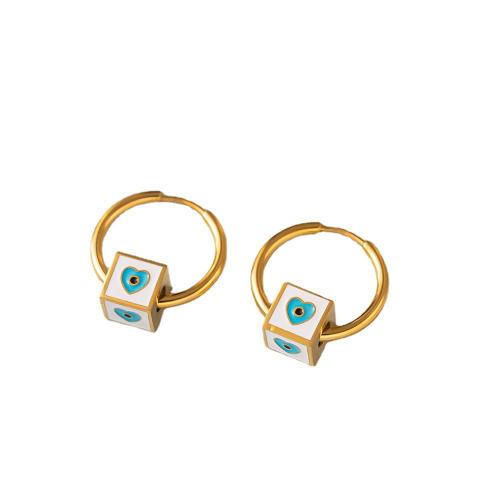 Titanium Steel Huggie Hoop Drop Earring Cube gold color plated with heart pattern & for woman & enamel 20mm Sold By Pair