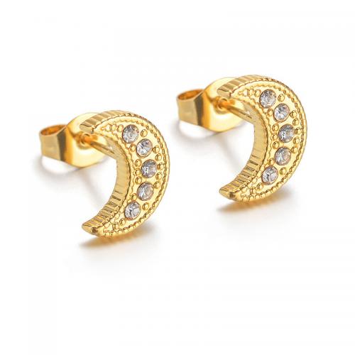 Stainless Steel Stud Earrings 304 Stainless Steel Moon Vacuum Ion Plating fashion jewelry & micro pave cubic zirconia & for woman golden 10mm Sold By Pair