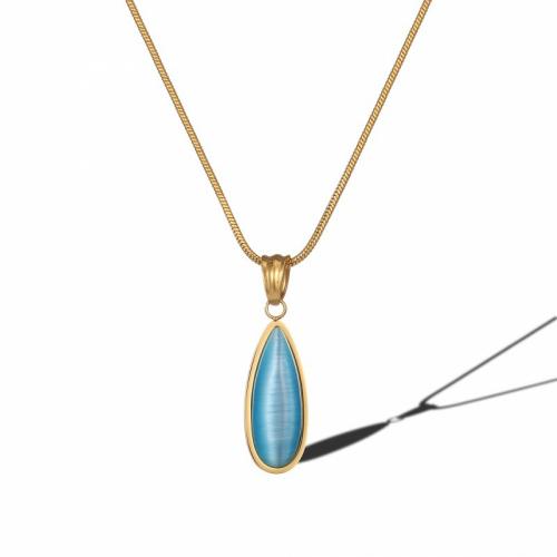 Titanium Steel Necklace, with Cats Eye, with 5cm extender chain, Teardrop, Vacuum Ion Plating, fashion jewelry & for woman, blue, nickel, lead & cadmium free, Length:Approx 40 cm, Sold By PC