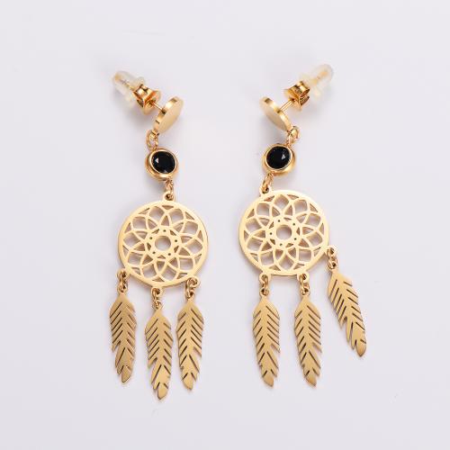 Stainless Steel Drop Earring, 316L Stainless Steel, fashion jewelry & for woman & with rhinestone, golden, 55mm, Sold By Pair