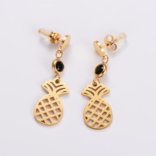 Stainless Steel Drop Earring, 316L Stainless Steel, Pineapple, fashion jewelry & for woman & with rhinestone, golden, 35mm, Sold By Pair