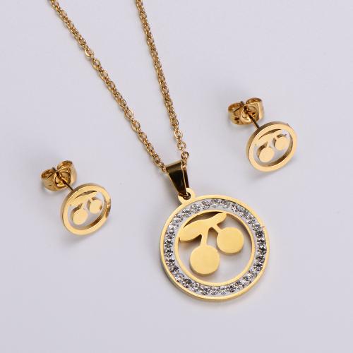 Rhinestone Stainless Steel Jewelry Set, Stud Earring & necklace, 316L Stainless Steel, 2 pieces & for woman & with rhinestone, golden, pendant 20*20mm, ear stud 10*10mm, Length:Approx 45 cm, Sold By Set